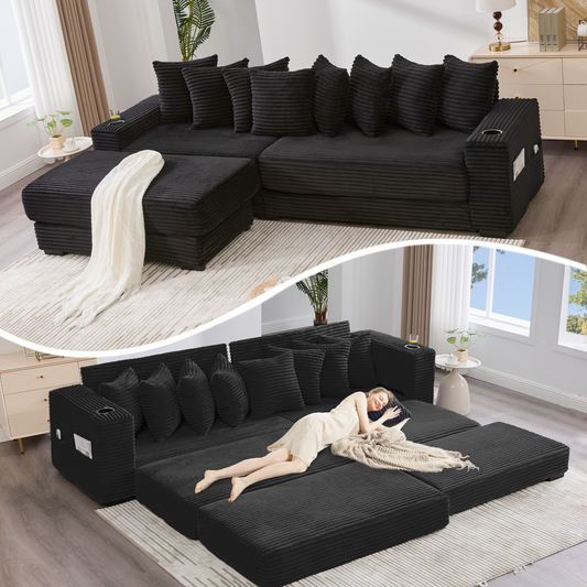 NEW Modular L Shaped Black Corduroy Fabric Sectional Sofa Couch