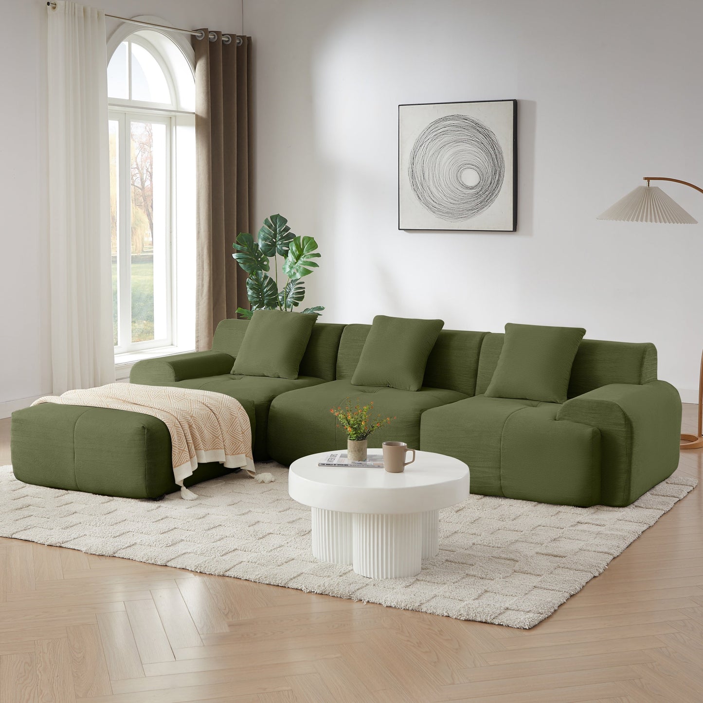 NEW Modern L-Shaped Modular Sectional Sofa in Green Corduroy, 113' Oversized 3-Seater with Deep Seat and Movable Ottoman – No Assembly Required