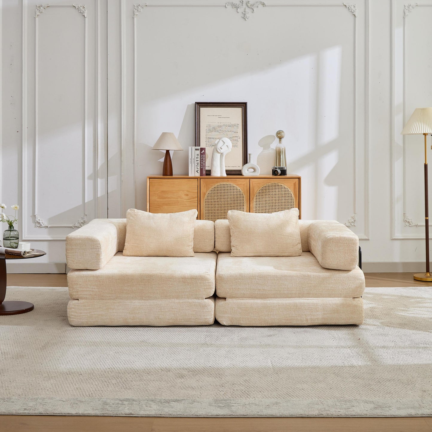 NEW Compression Convertible Floor Fixed-Shape Frame Loveseats Boneless Modular Sectional Sofa Bed in Beige Chenille Fabric