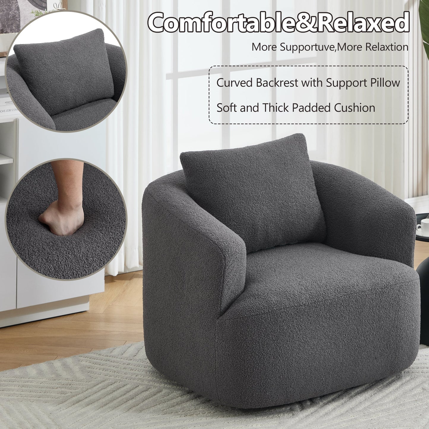 NEW 360° Swivel Round Upholstered Comfy Chair With One Soft Pillow, Teddy Fleece High-Resilience Sponge Single Sofa, No Assembly for Living Room, Bedroom, Apartment, Dark Grey.