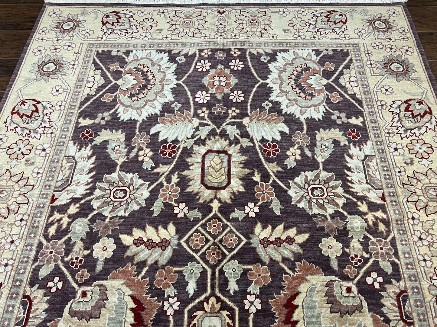 USED Vintage Indo Mahal Area Rug 6x9, Indian Persian Oriental Carpet 6 x 9, Puce Eggplant Tan Beige Rug, Hand-Knotted, Large Floral Design Wool