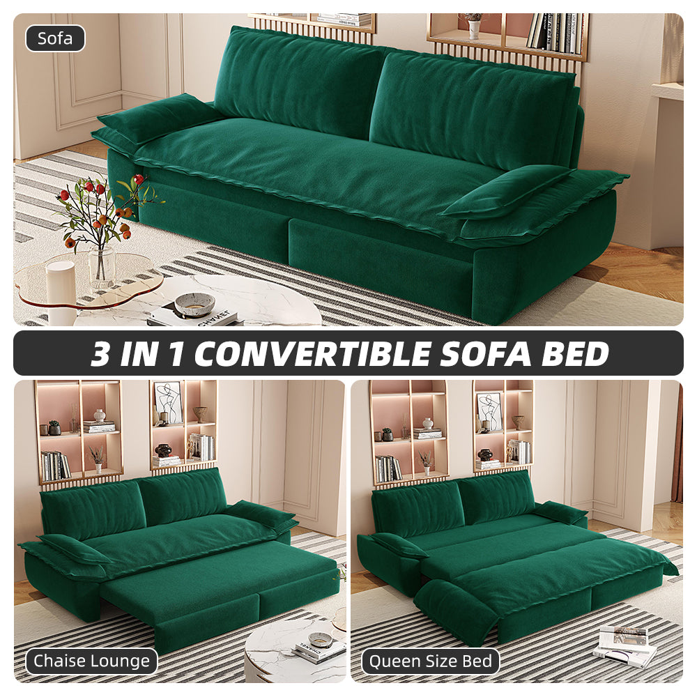 NEW Multi-Functional Green Velvet 3-in-1 Convertible 73.2' Queen Pull Out Sofa Bed Sleeper Couch