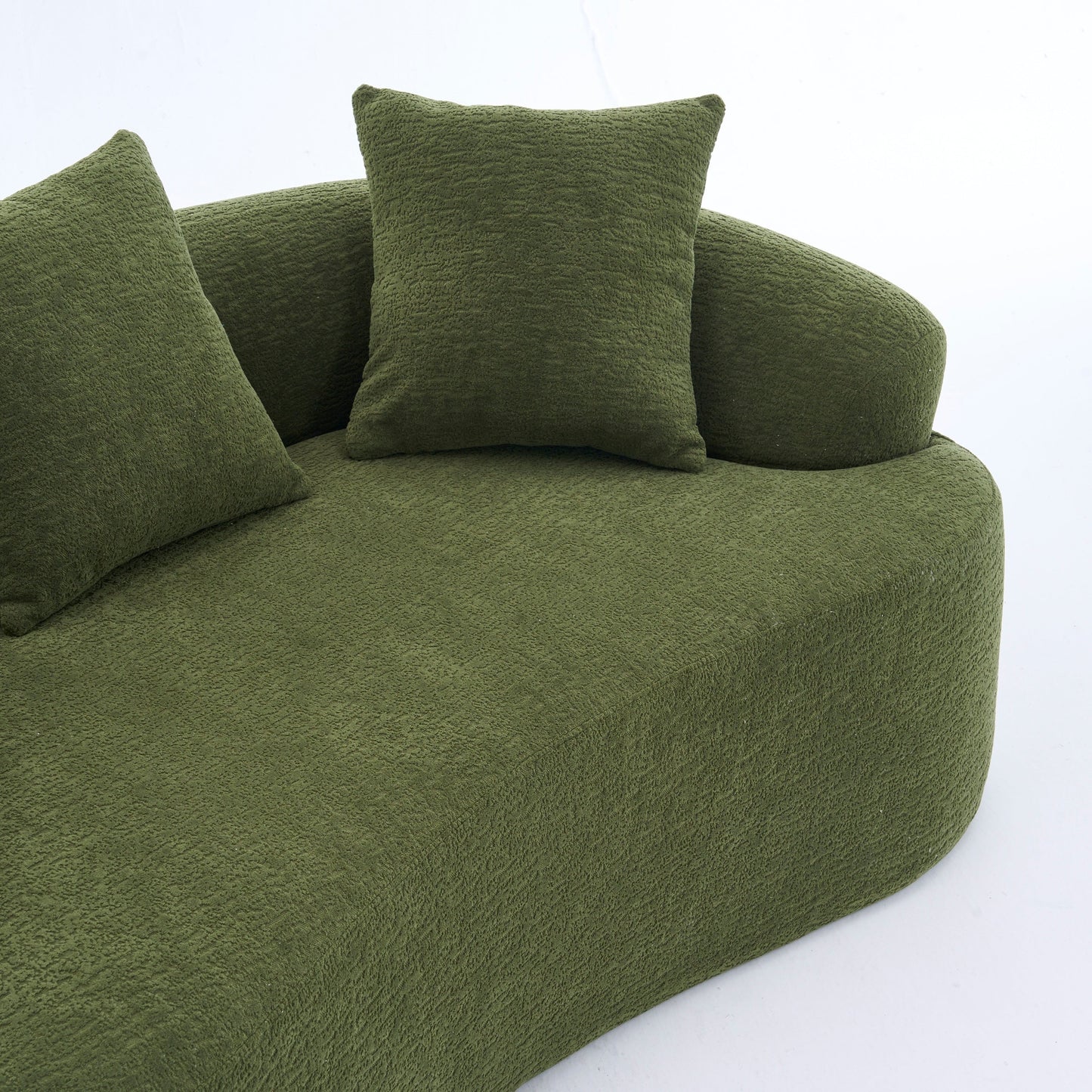 NEW Green Curved Loveseat: Compressed No Assembly, Chenille Small Sofa, 30D Sponge, Compact for Apartments, 65' L, 300Lbs, 3 Pillows