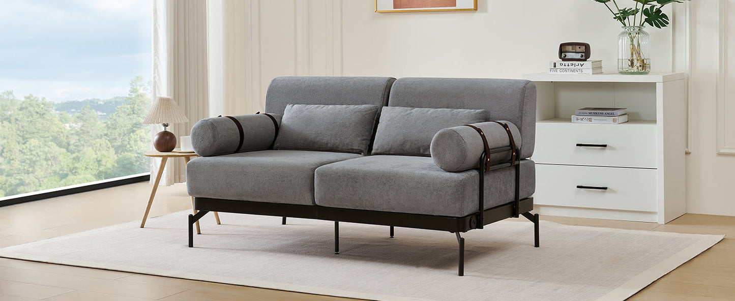 NEW Modern Grey Chenille 2 Seater Loveseat 59' Sofa Couch with USB Ports Unique Cylindrical Armrests