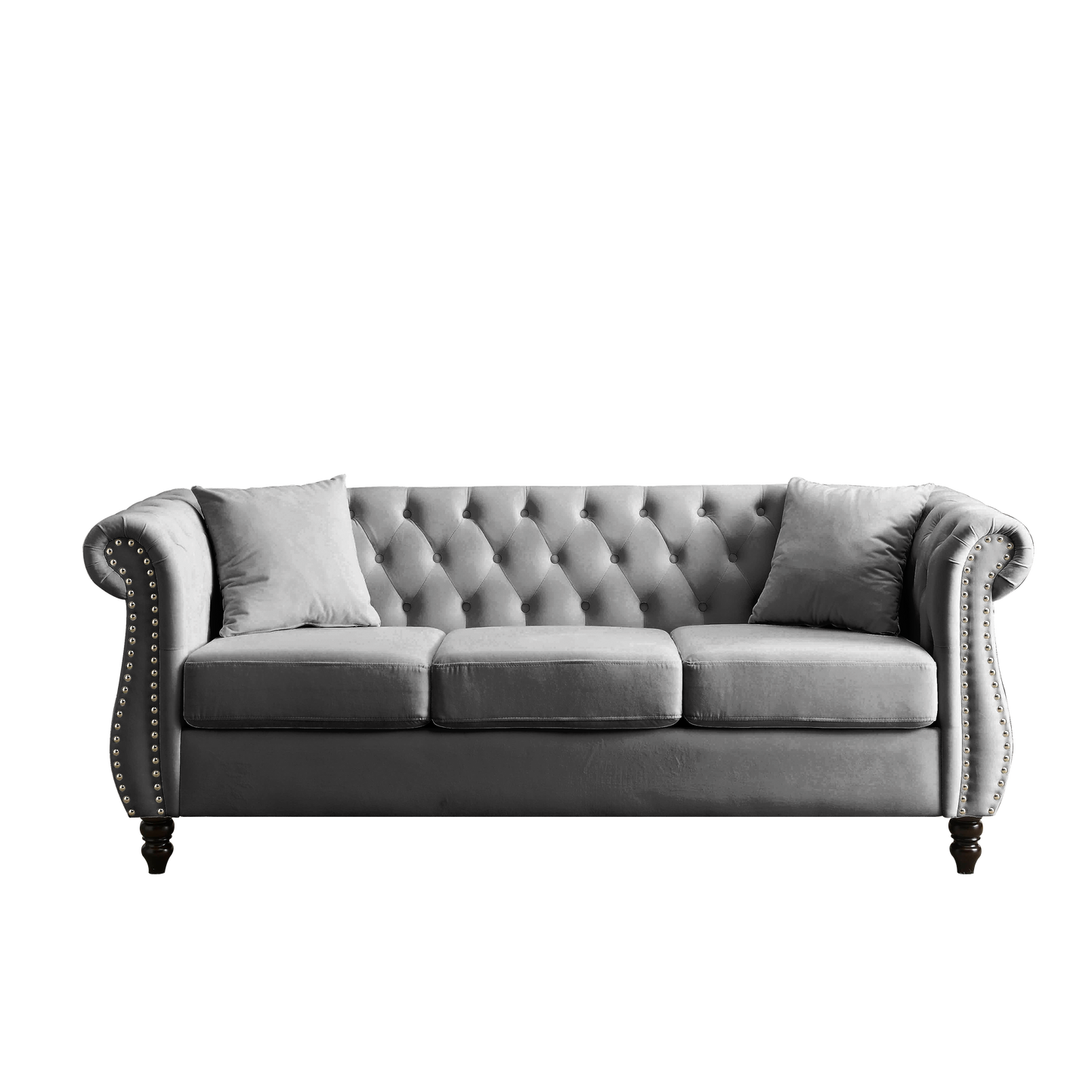NEW 80' Chesterfield Sofa Couch Grey Velvet for Living Room, 3 Seater Sofa Tufted Couch with Rolled Arms Nailhead and Two Pillows