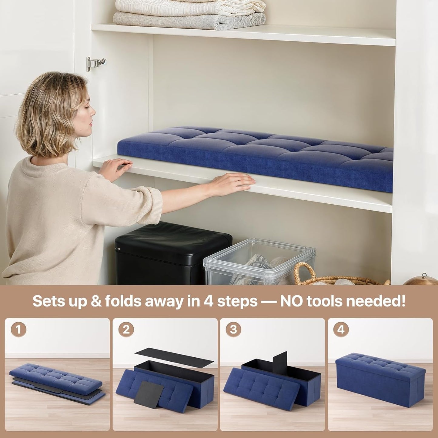 NEW Navy Blue Folding Storage Ottoman Organizer 43Inch