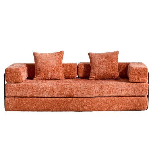 NEW Orange Chenille Fabric Comfy Futon Couch Lounge Sleeper Compression Convertible Floor Sofa Bed Couch with Pillow Back Support Armrest Bed