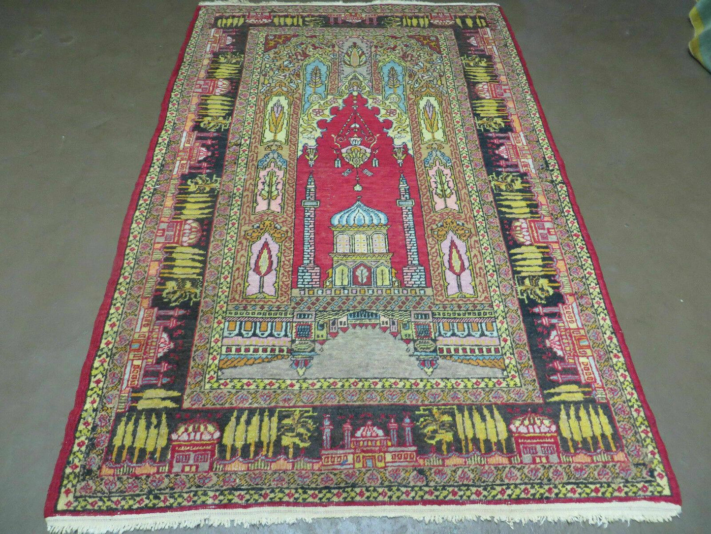 USED 4' X 6' Antique 1920s Handmade Turkish Mehrab Design Wool Rug Lantern Beautiful