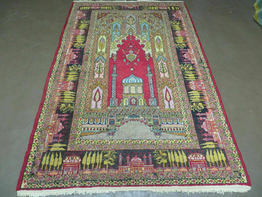 USED 4' X 6' Antique 1920s Handmade Turkish Mehrab Design Wool Rug Lantern Beautiful