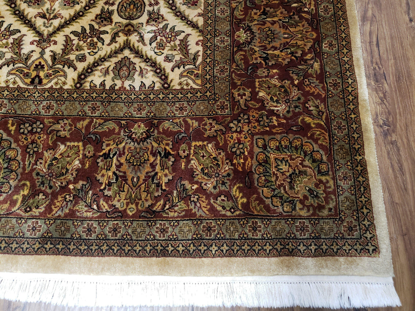 USED Vintage Indo Persian Area Rug 9x12, Wool Hand-Knotted Ivory & Dark Red Oriental Carpet, Fine Weave 9 x 12 Indian Rug, Dining Room Rug