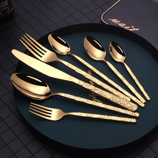 NEW Embossed Black Rose Gold Textured Handle Steak Western Spoon Knife Fork Dinnerware Tableware Set