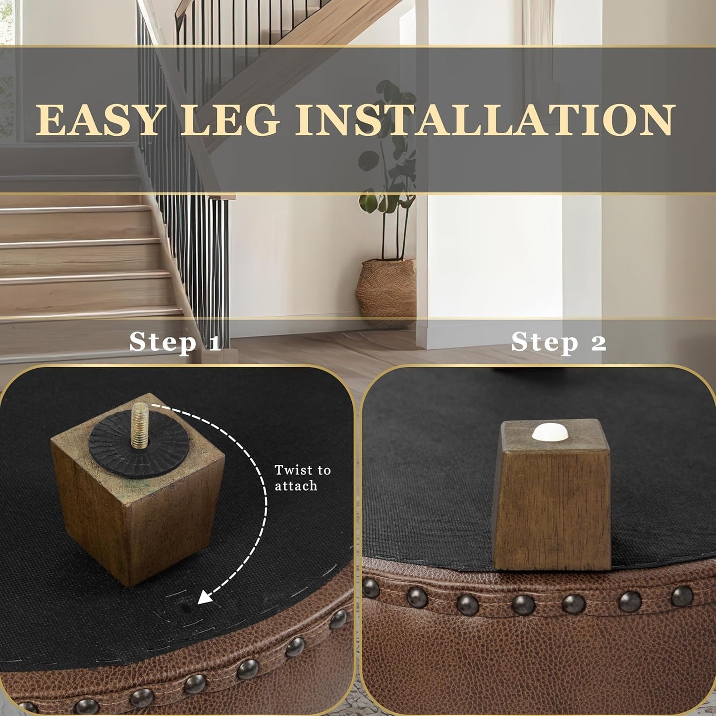 NEW Round Storage Ottoman With Nailhead-Trim Brown Faux Leather