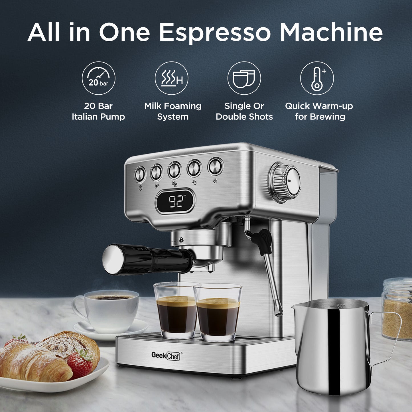 NEW Geek Chef 20 Bar Stainless Steel Espresso Maker Machine For Latte Cappuccino Macchiato