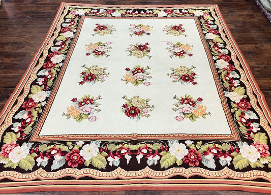 USED Portuguese Needlepoint Rug 8x9, Vintage Rug 8 x 9 ft, Ivory Dark Brown Hand-Woven Wool Portuguese Carpet, European Rug