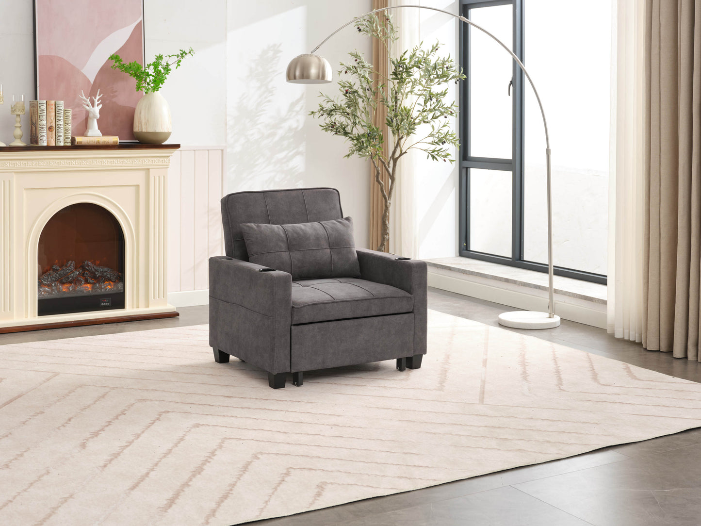 NEW Dark Grey Futon Bed Convertible Chair 3-in-1 Pull Out Sleeper Sofa with USB Ports