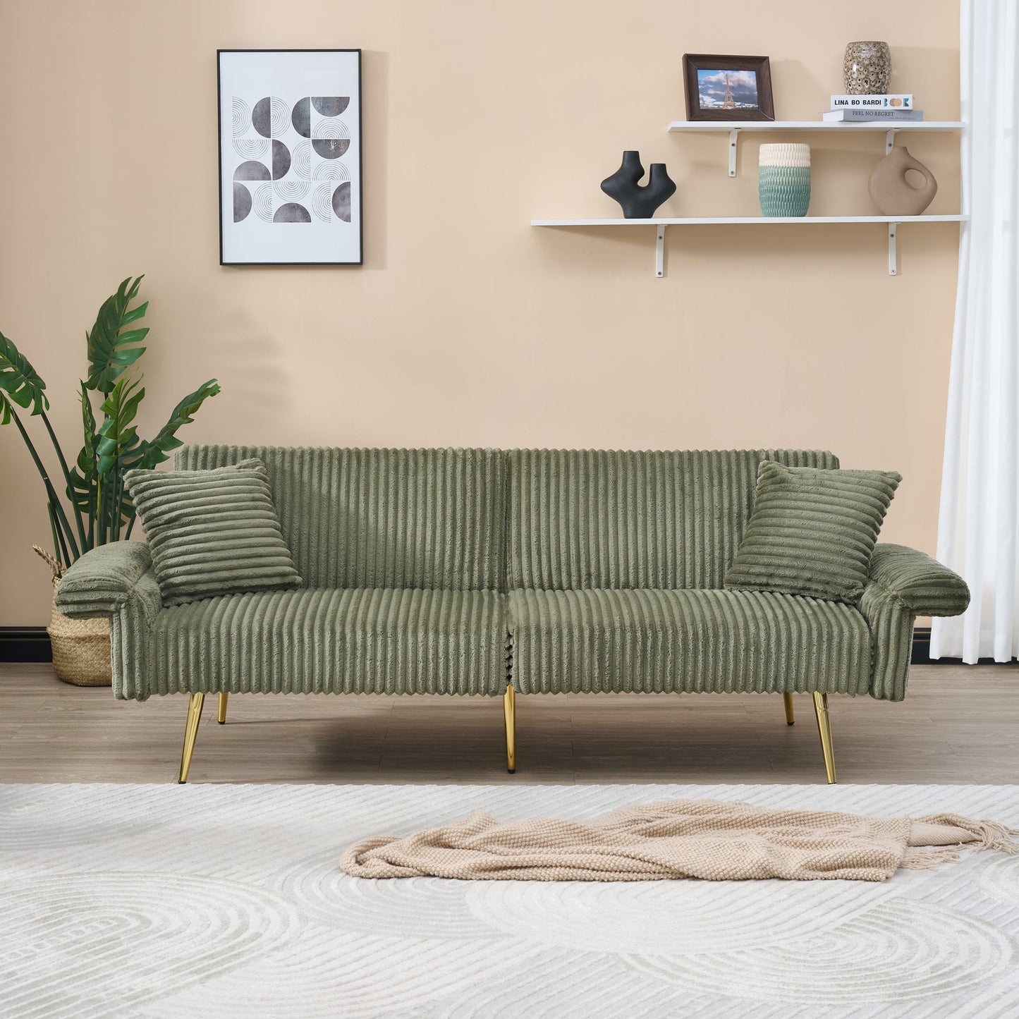NEW Modern Corduroy Sofa Bed, Foldable Double Sofa with Armrests, Green Velvet, 79 Inch