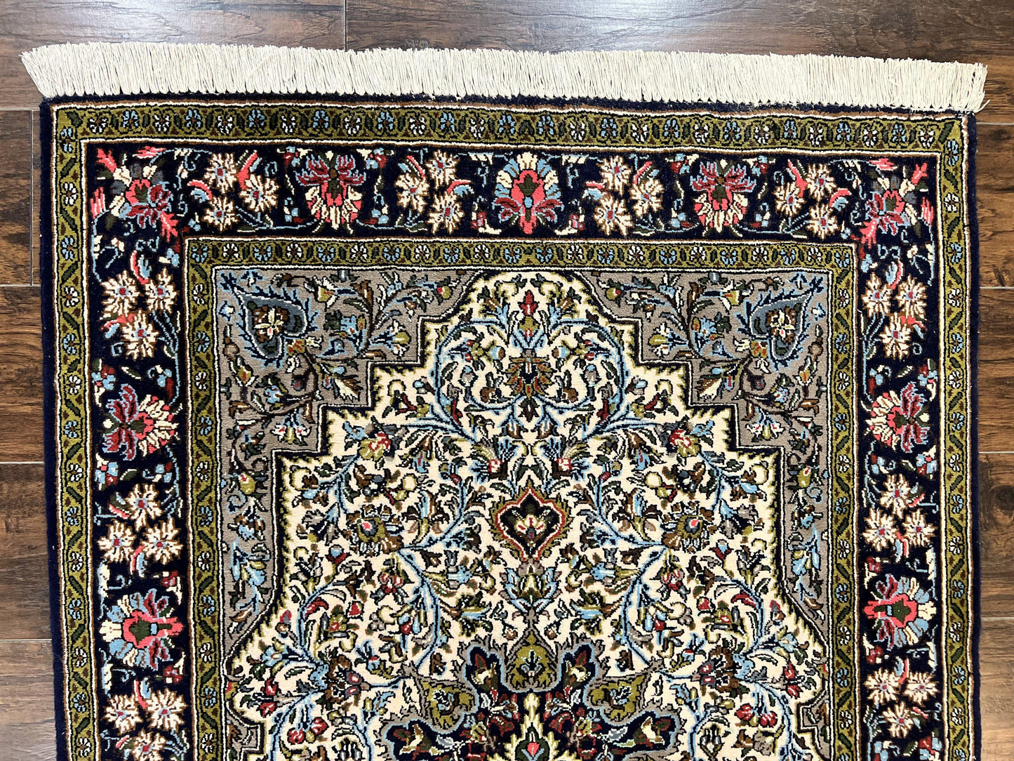 USED Persian Qum Rug 3x5, Wool with Silk Highlights, Handmade Semi Antique Carpet, Ivory & Navy Blue, Floral Medallion, Finely Hand Knotted