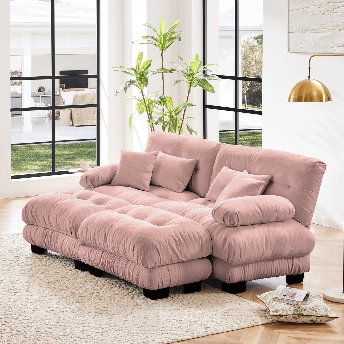 NEW Chenille Pink Upholstered Wide Arm 2 Seater Loveseat Cloud Sleeper Sofa Couch with 2 Lumbar Pillows 2 Throw Pillows 2 Ottomans