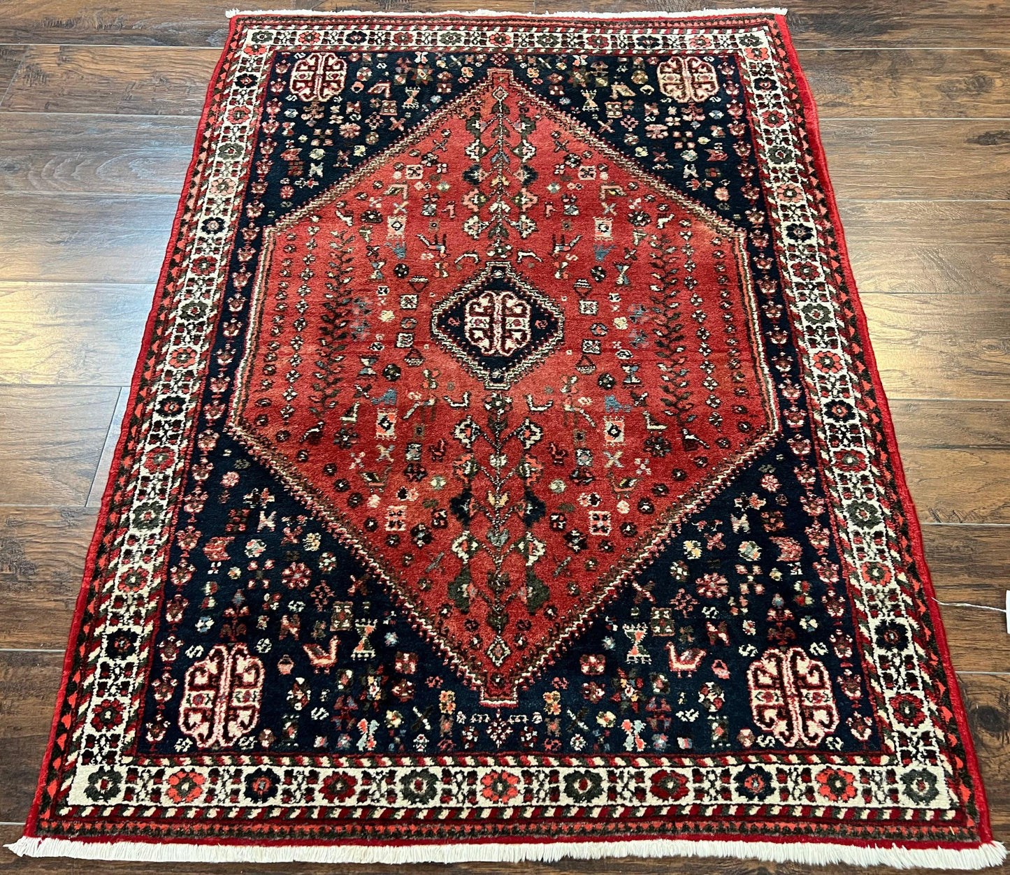 USED Persian Tribal Rug 3.6 x 5 ft, Persian Abadeh Rug, Geometric Medallion Bird Motifs, Red and Navy Blue Hand Knotted Handmade Wool Vintage Oriental Carpet