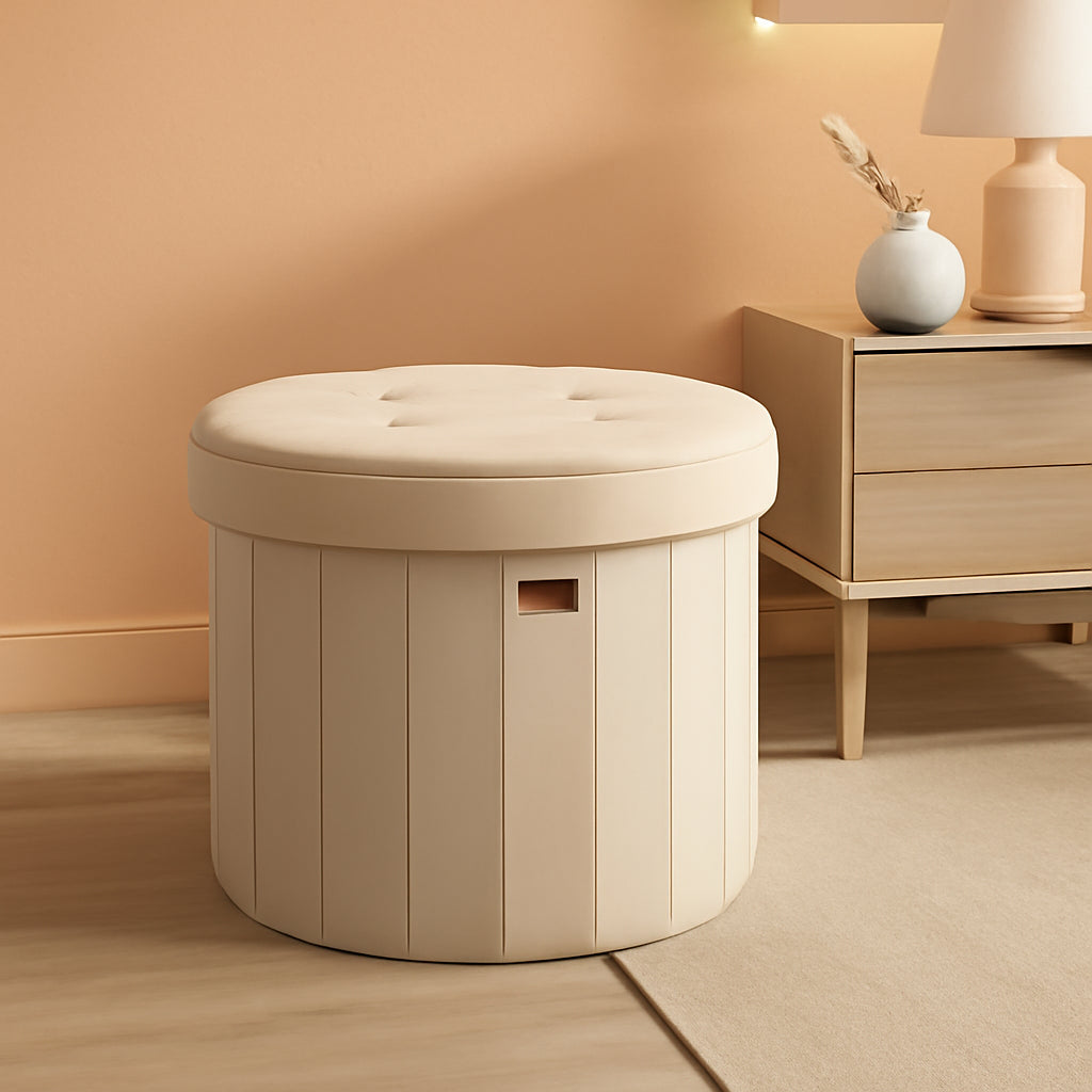 NEW Round Folding Storage Ottoman Cappuccino Beige Velvet