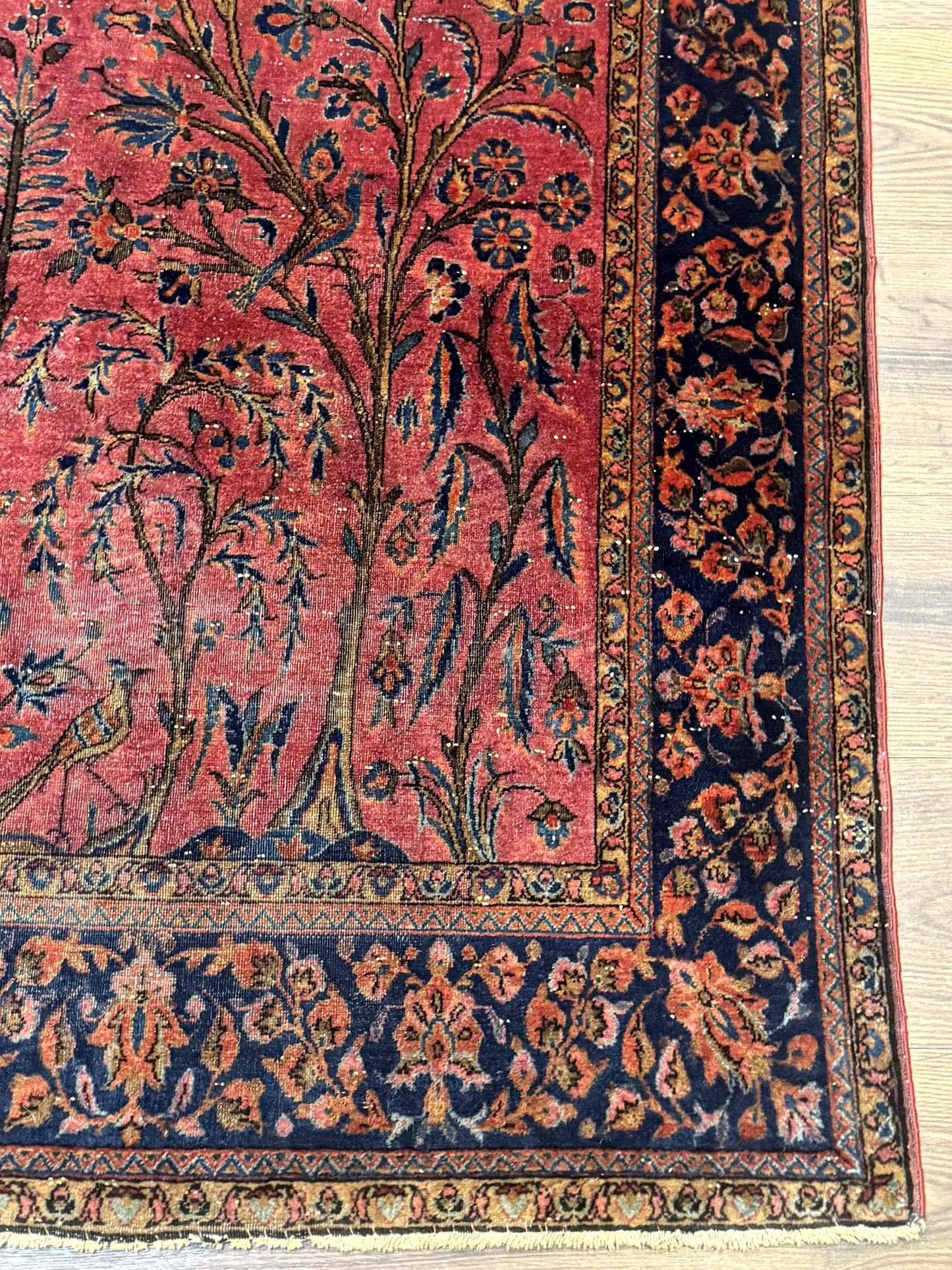 USED Antique Persian Tree of Life Rug 3x5, Manchester Wool, Bird Pictorials, Fine 240 KPSI, Red Navy Blue