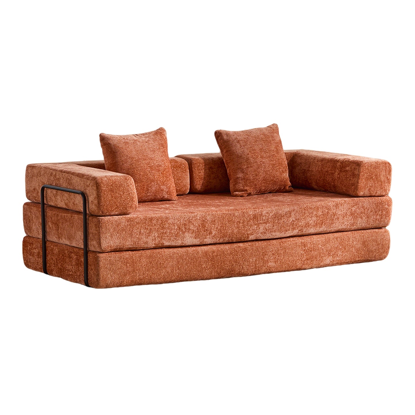 NEW Orange Chenille Fabric Comfy Futon Couch Lounge Sleeper Compression Convertible Floor Sofa Bed Couch with Pillow Back Support Armrest Bed