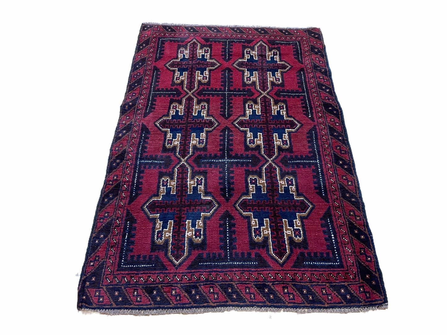 USED 3X5 Vintage Handmade Tribal Wool Rug Balouchi Rug Afghan Rug Red Beige Blue Nice
