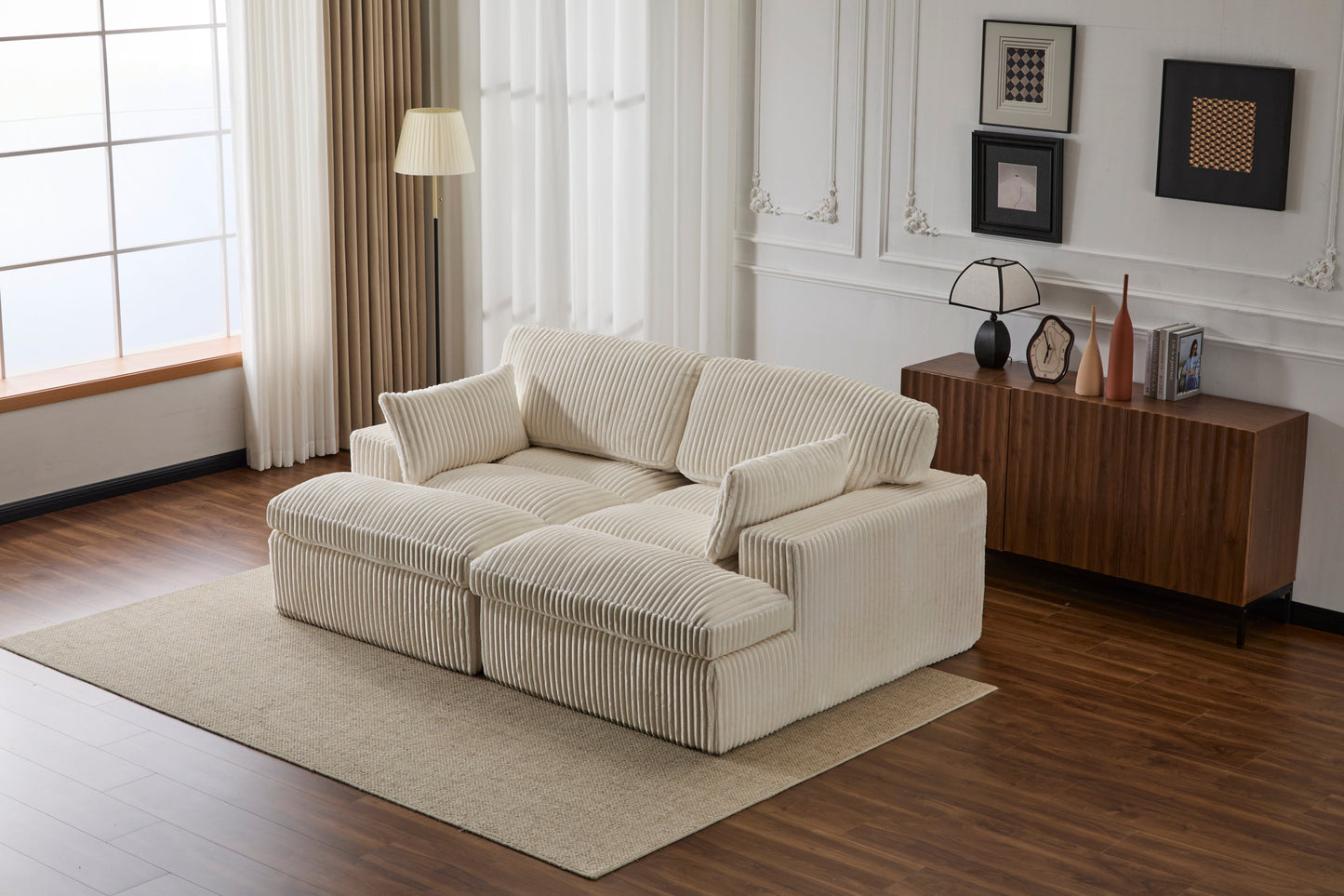 NEW Double Chaise Lounge Chair Indoor,Oversized Upholstered Sleeper Cloud Couch,Deep Seat Luxury Sofa Bed,Sectional Sofa Chaise Love-seat,Corduroy Reading Chair for Living Room,No Assembly Required,White