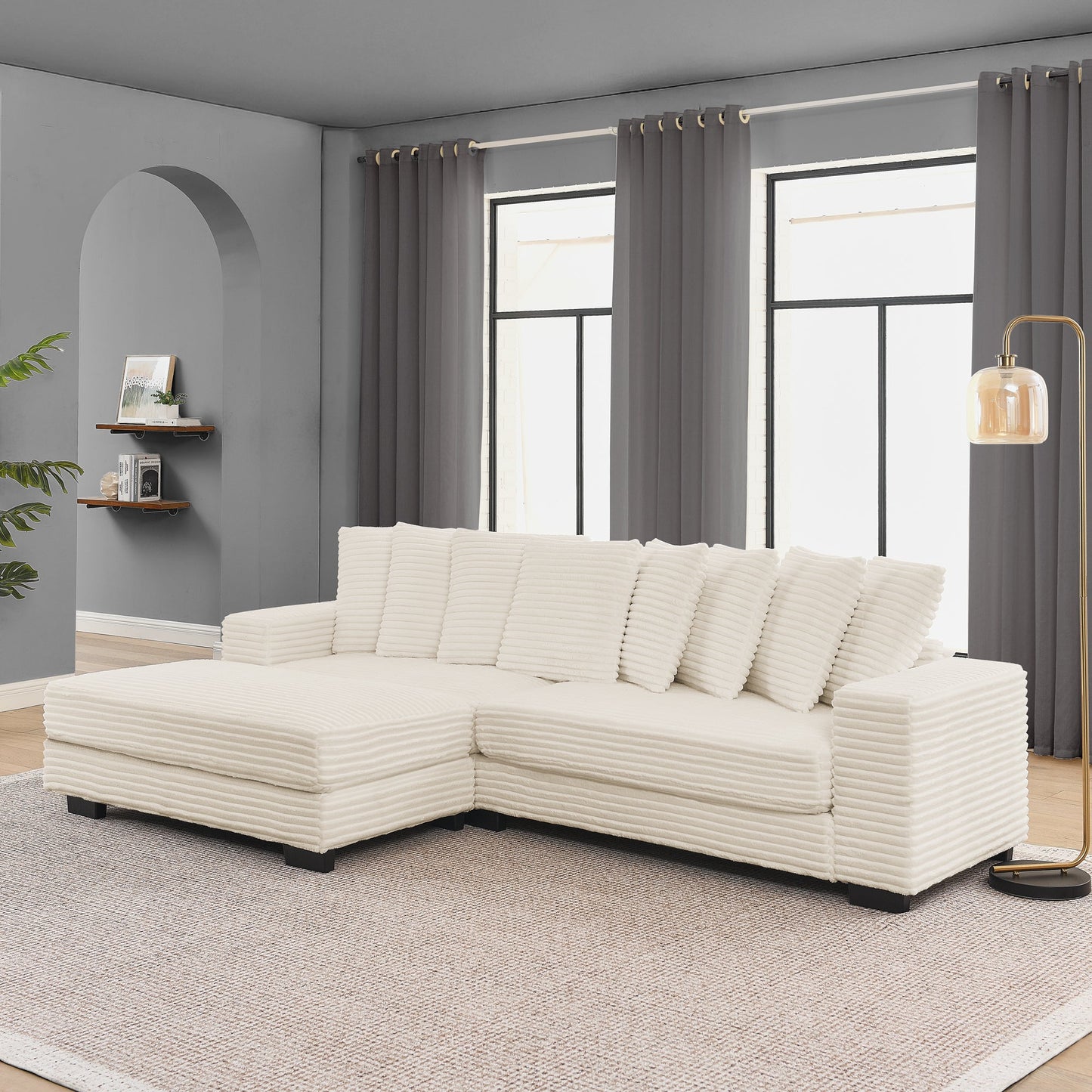 NEW Corduroy Tufted Upholstered Sleeper Sectional Sofa, L-Shaped Modular Convertible Sofa , Can freely change the position of the footrests-Beige(Assembly is required)