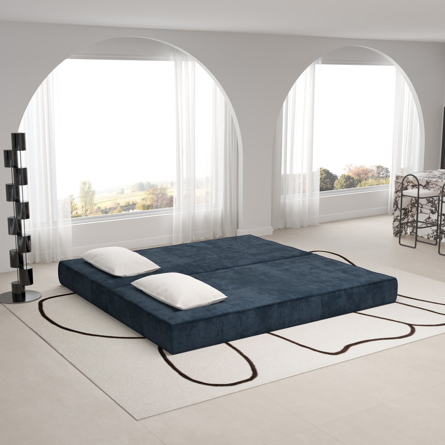 NEW 80' Convertible Couch Bed with 2 Pillows, 3-Seat Folding Floor Couch & King Size Bed Mattress, DIY Combination,Chenille,Blue