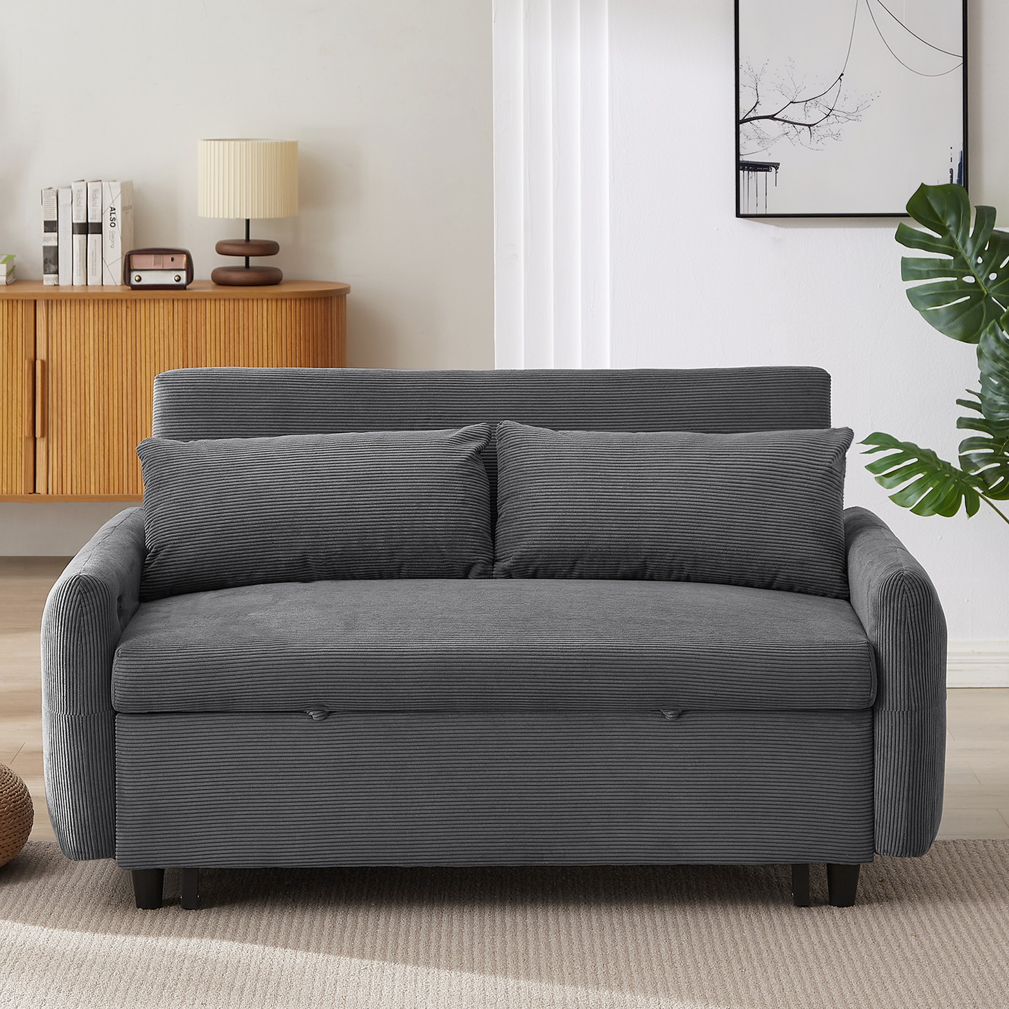 NEW 54.5’ Dark Grey Corduroy Modern Convertible Pull-out Sofa Bed