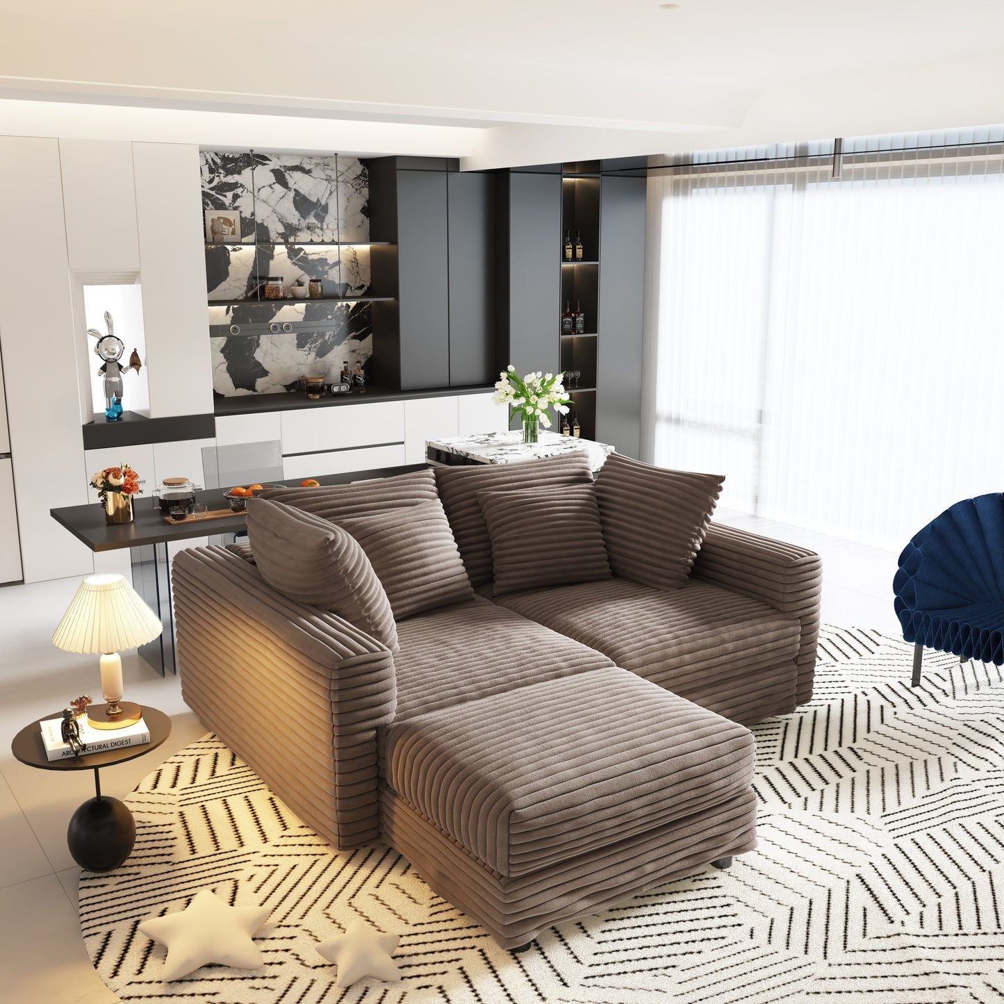 NEW 102.4' Modern Comfy Plush Upholstered Camel Corduroy 4-Seat Convertible Sofa Lounge Chair Comfy Upholstered Sofa Deep Seat Couch with Soft Pillows and Movable Ottoman