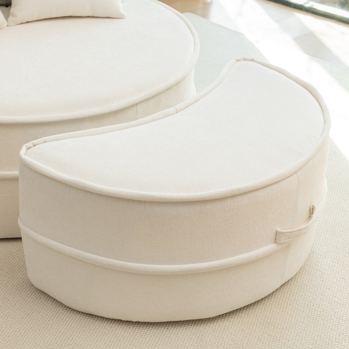 NEW Modern Oversized Beige Round Barrel Velvet Upholstered Lounge Armchair Accent Chair with Ottoman and 5 Pillows