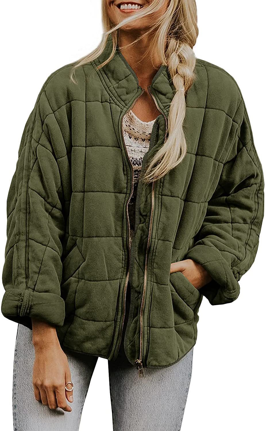 New Winter Zip-up Stand Collar Coat With Pockets Fashion Solid Color Plaid Long Sleeved Jacket Women's Clothing