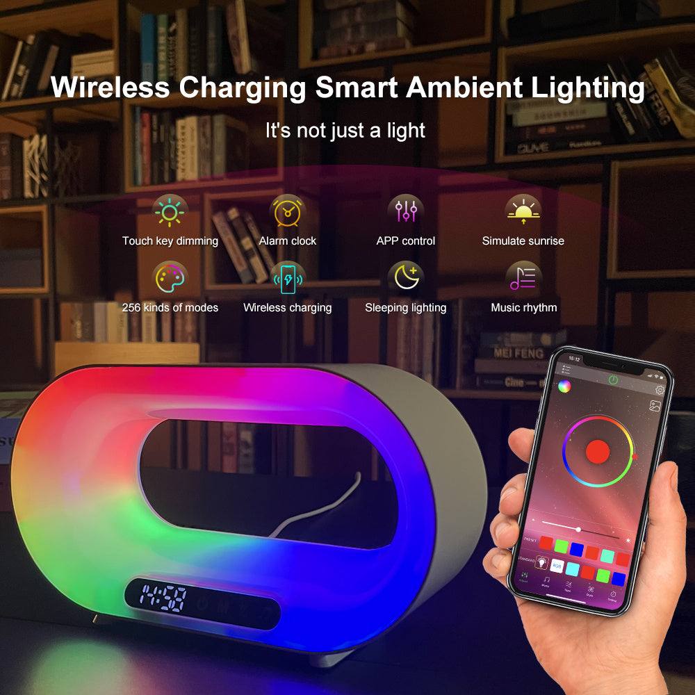 NEW multi-function 3 In 1 LED Night Light APP Control RGB Atmosphere Desk Lamp Smart Multifunctional Wireless Charger Alarm Clock
