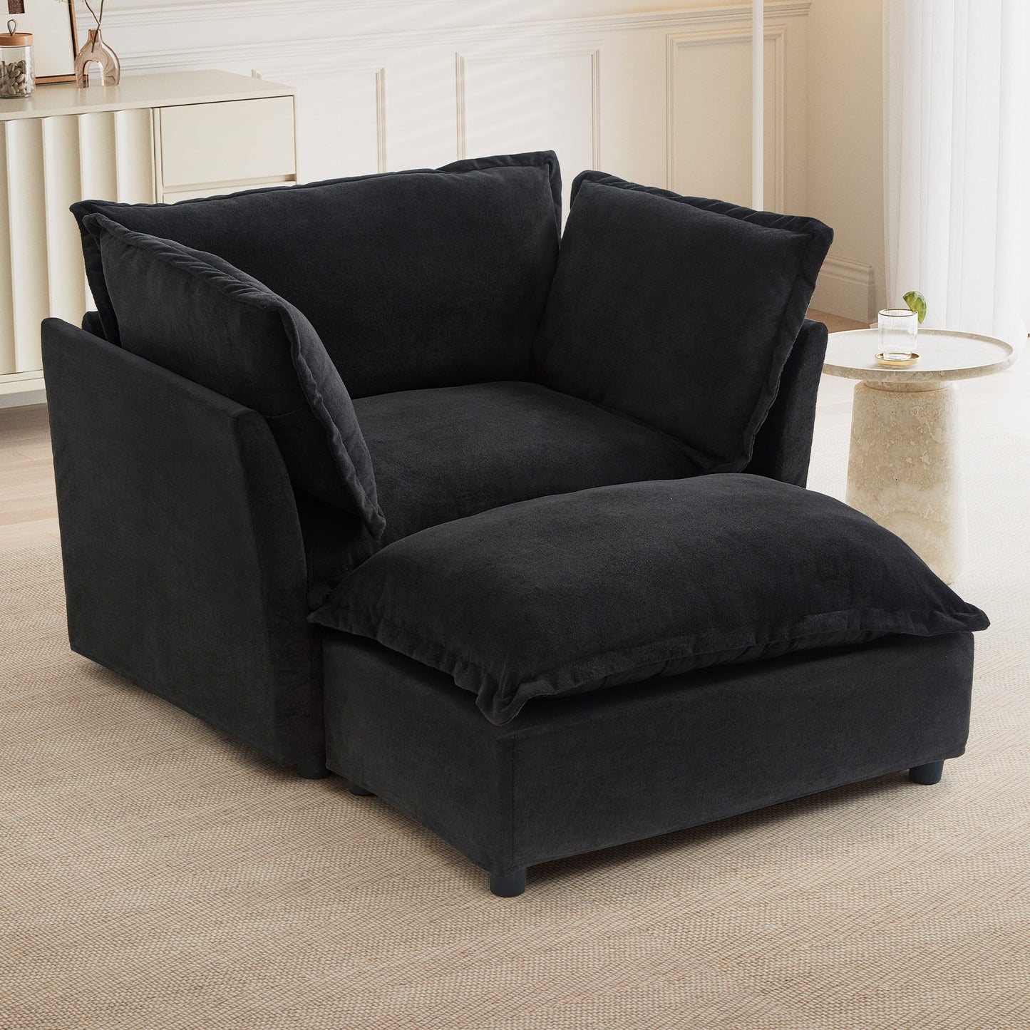 NEW Modern Armchair Sofa 47' Cozy Upholstered Sofa Chair with Movable Ottoman, Black Chenille, Wide Seat & Curved Armrests