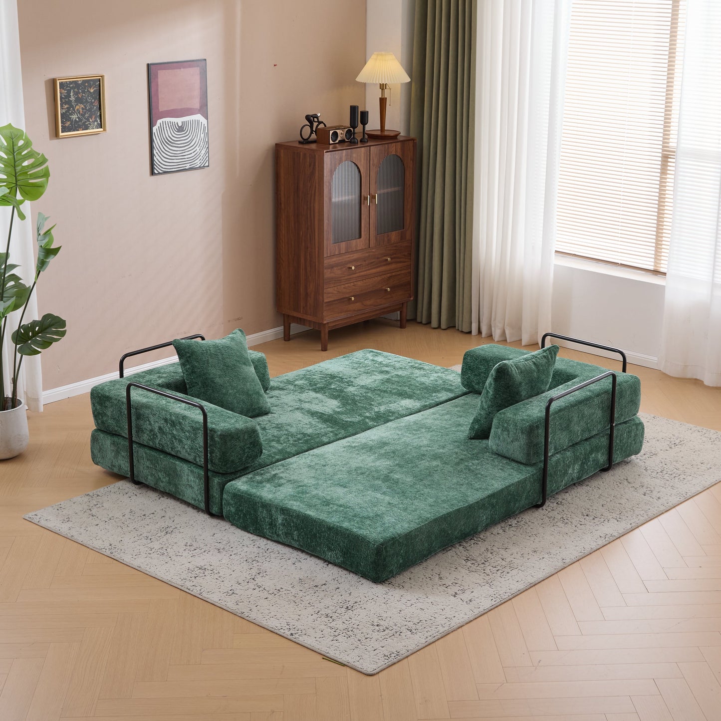 NEW Dark Green Chenille Fabric Floor Compression Convertible Sofa Bed