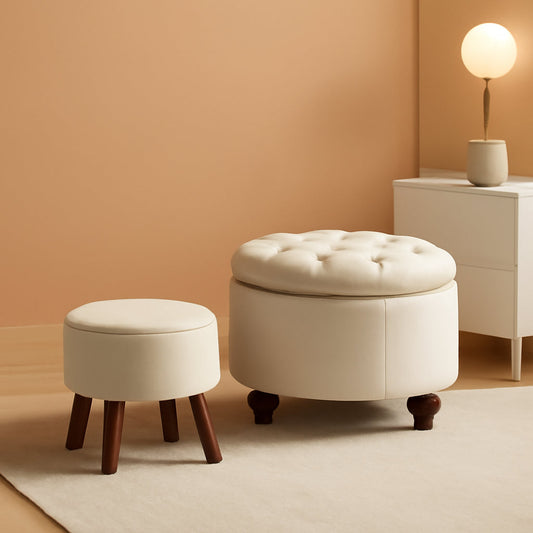 NEW 24 Inch Round Khaki Storage Ottoman Removable Top Cover