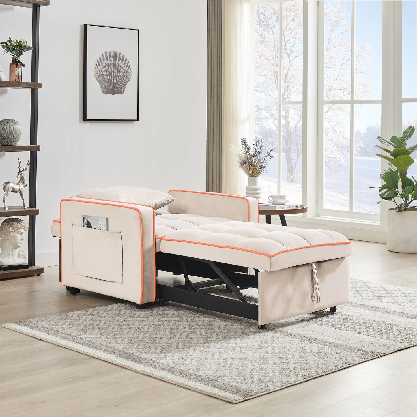 NEW Creamy White Velvet Modern Three-in-One Folding Sofa Bed Chair with Adjustable Back