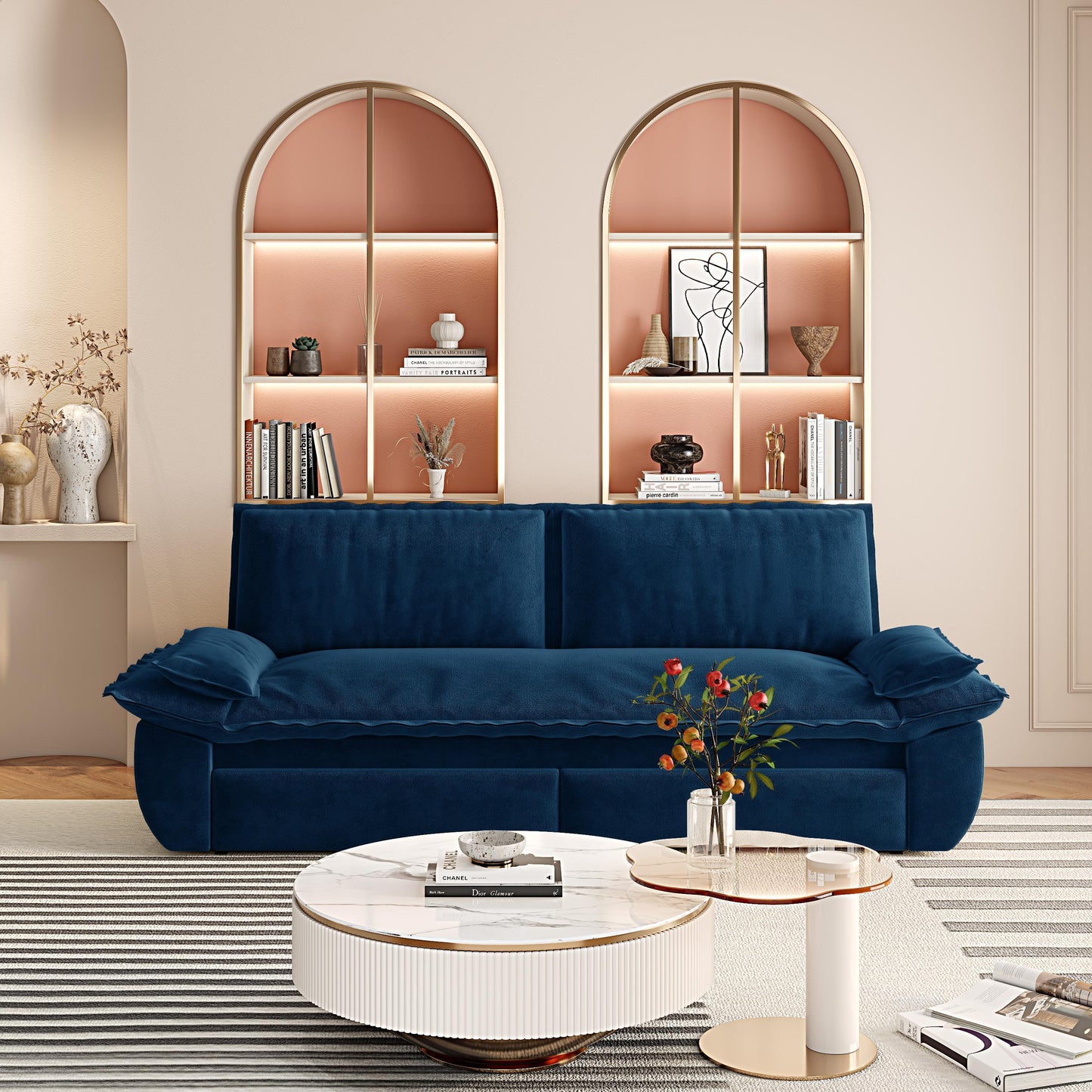 NEW 73.2' Blue Multi-Functional Velvet Loveseat 3-in-1 Convertible Sleeper Queen Pull Out Sofa Bed