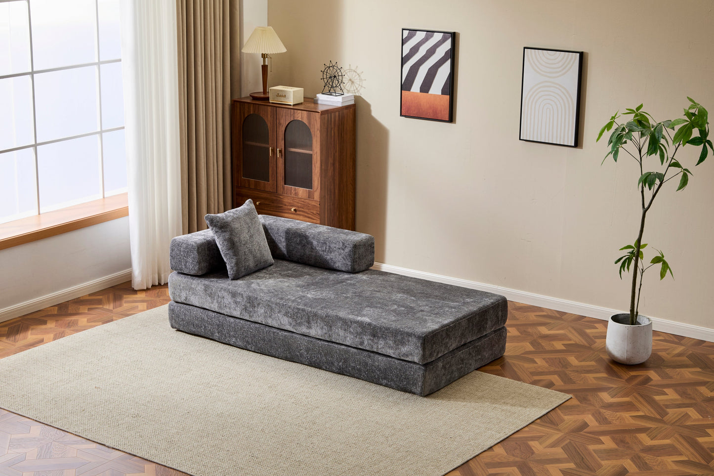 NEW Floor Couch,Compression Sofa,Convertible Floor Sofa Bed-with Pillow Back Support Armrest,Comfy Futon Couch Lounge Sleeper Bed,Chenile fabric,for Living Room Bedroom (DARK-GREY)