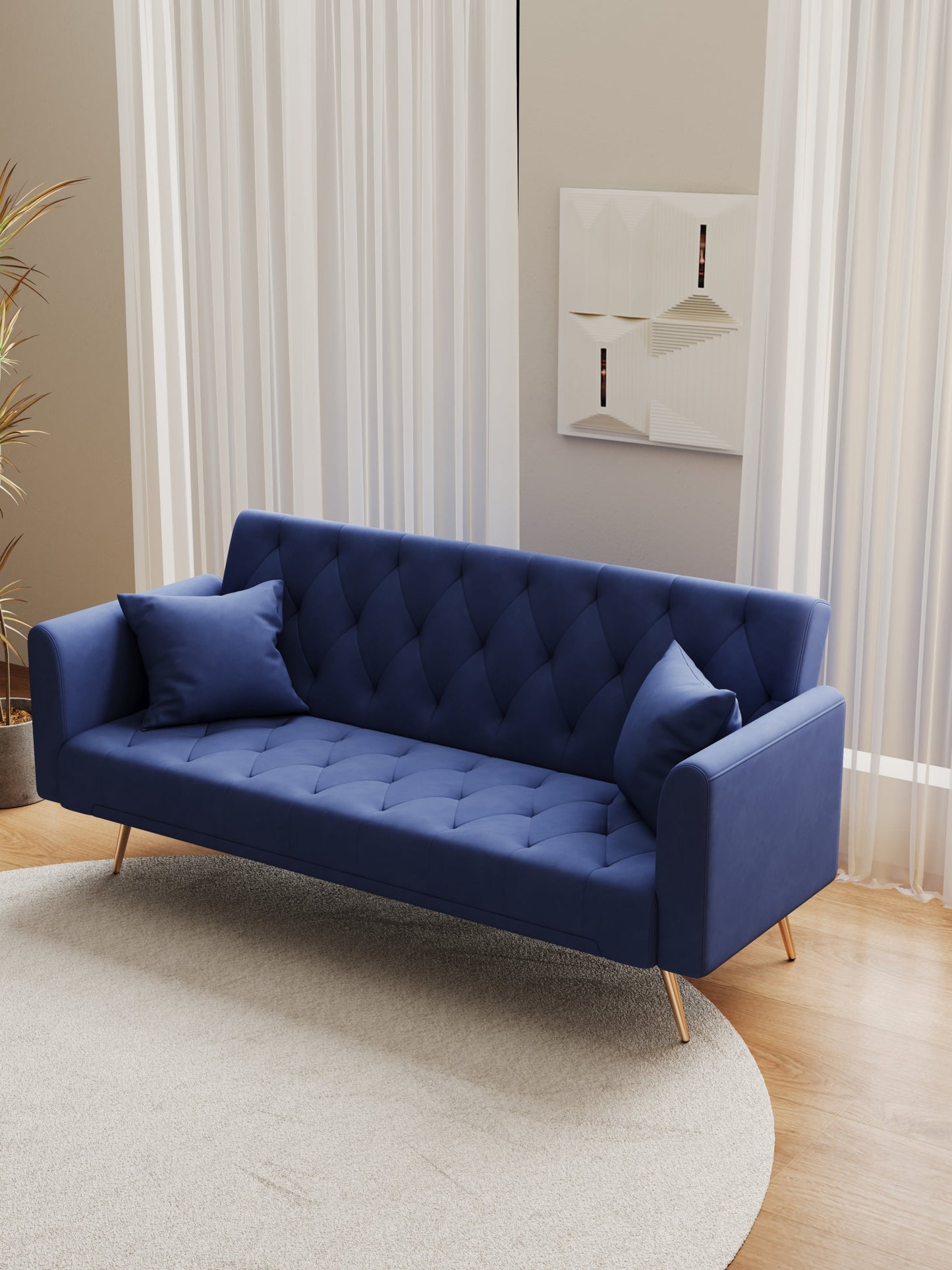 NEW 71-inch convertible love seat sofa, American retro blue velvet material, suitable for small living room, bedroom, office