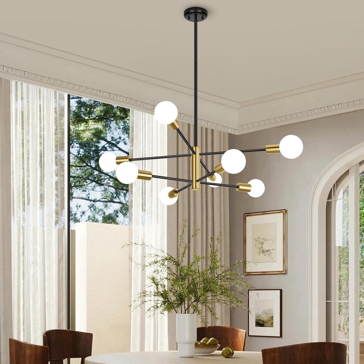 NEW Eight Light Modern Sputnik Chandelier Black And Gold