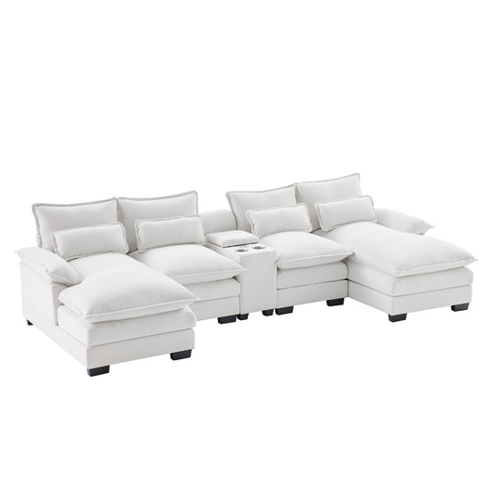 NEW Modern Chenille White 6-seat Upholstered U-shaped Sofa with Console Cupholders & USB Ports