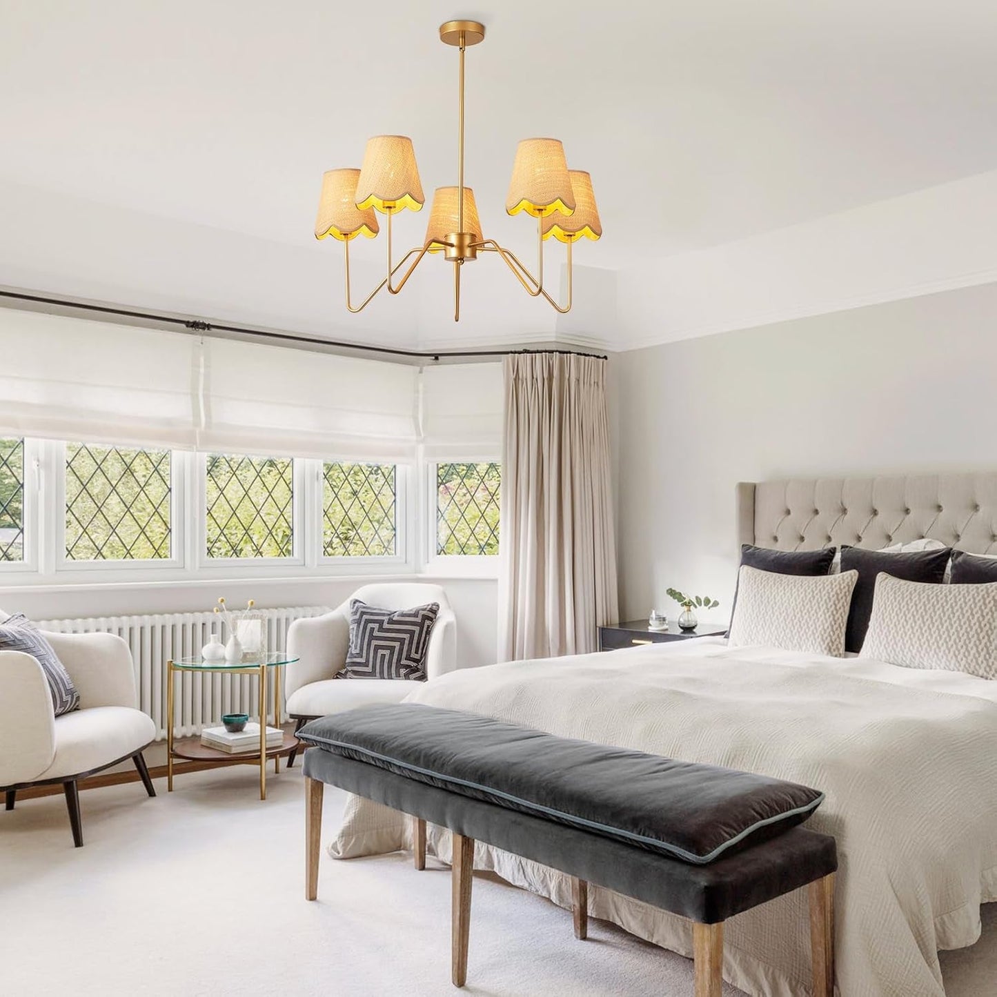 NEW 28 Inch Rattan Chandelier Antique Brass Five Light Pendant With Flower Shade Lamps