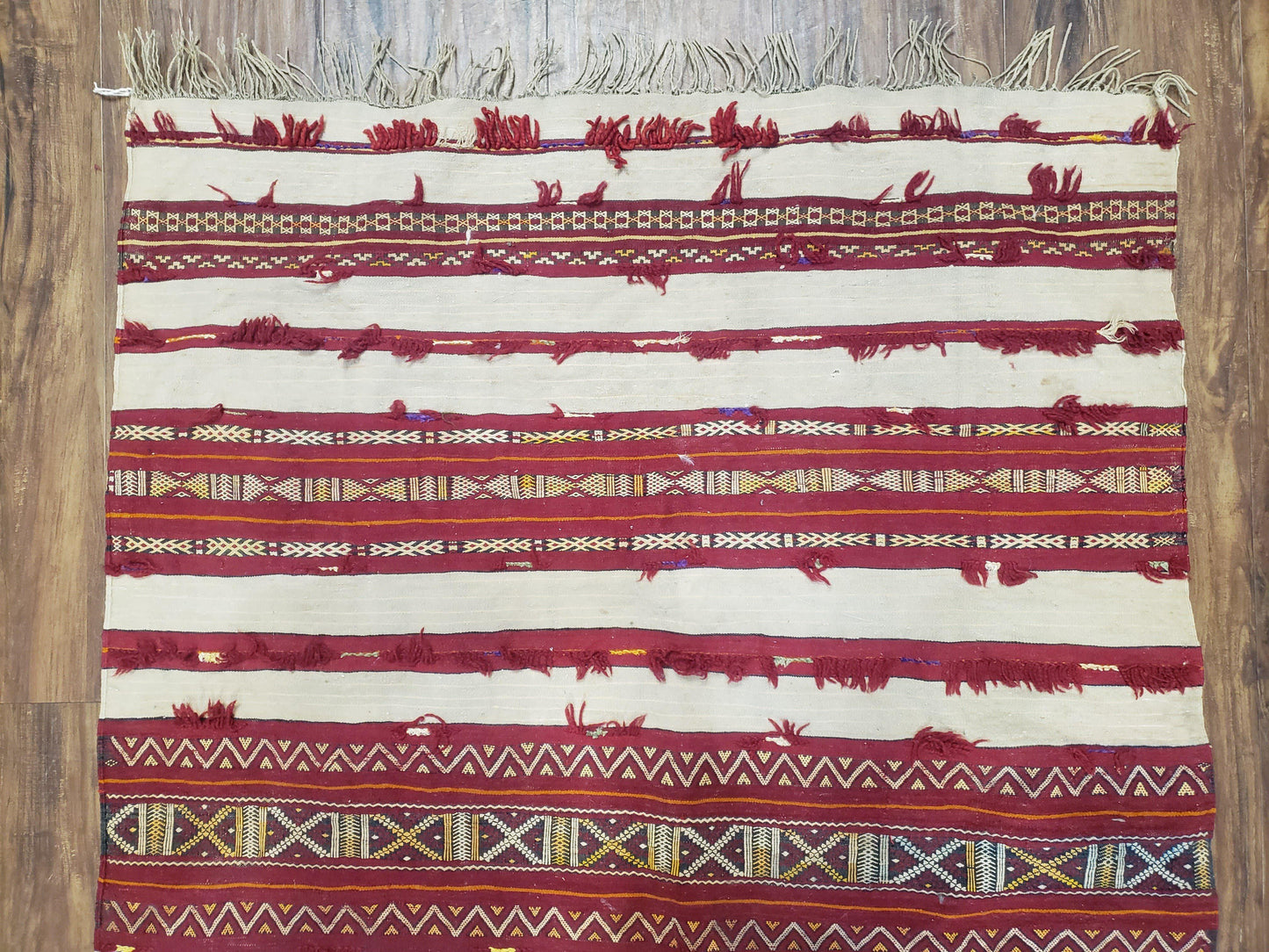 USED Antique Turkoman Yamud Rug 3x5 ft, 1920s Turkmen Sofreh Table Cover, Bohemian Rug, Tribal Collectible, Striped Rug, Handmade Ivory and Red