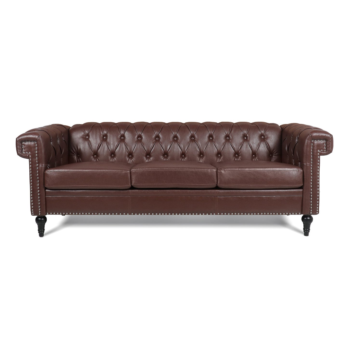 NEW Traditional Dark Brown 3 Seater Sofa with Removable Cushions and Square Arms in PU Material