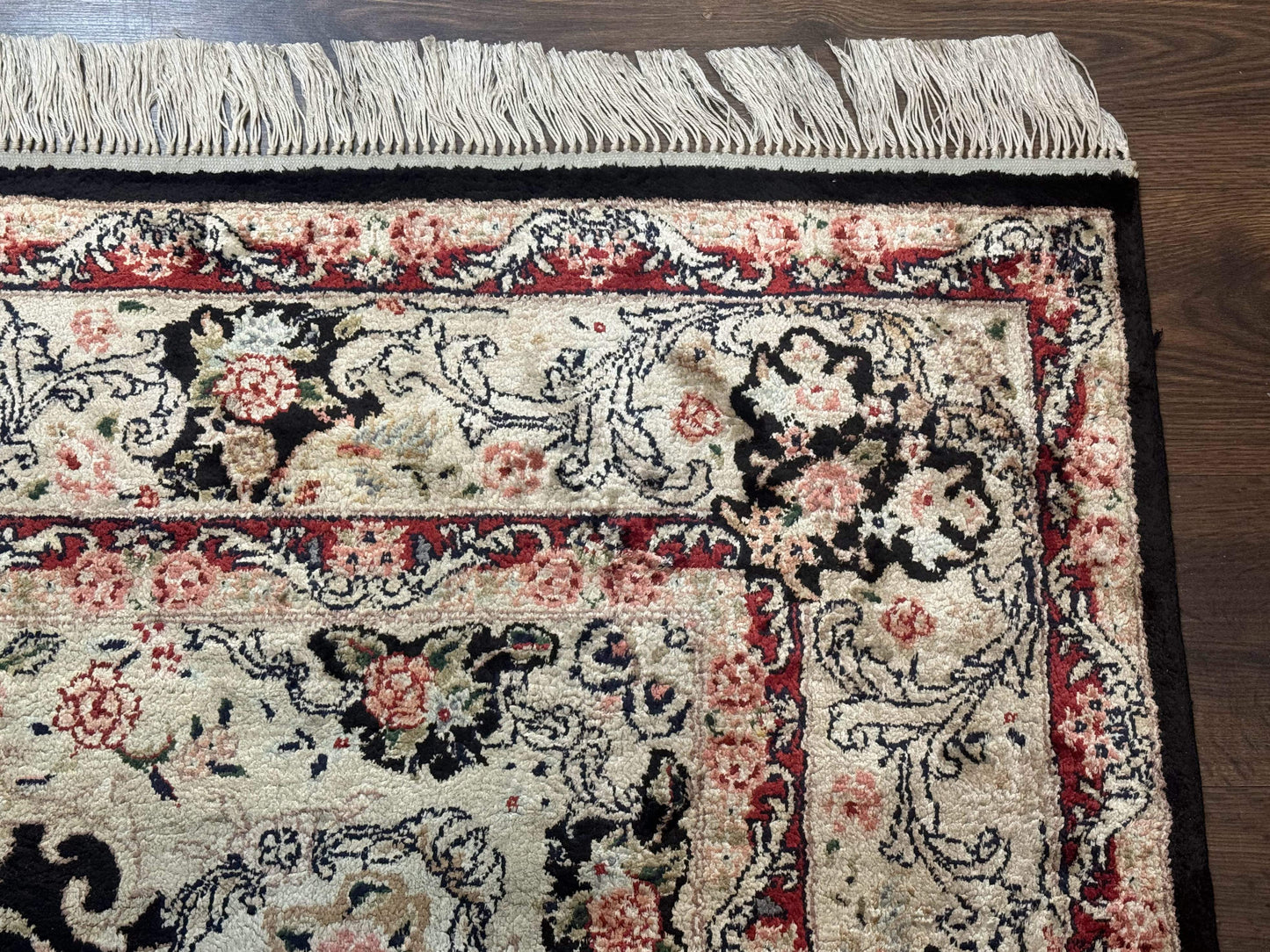 USED Indian Kashmiri Silk Rug, Floral Medallion, Vintage Hand Knotted Carpet