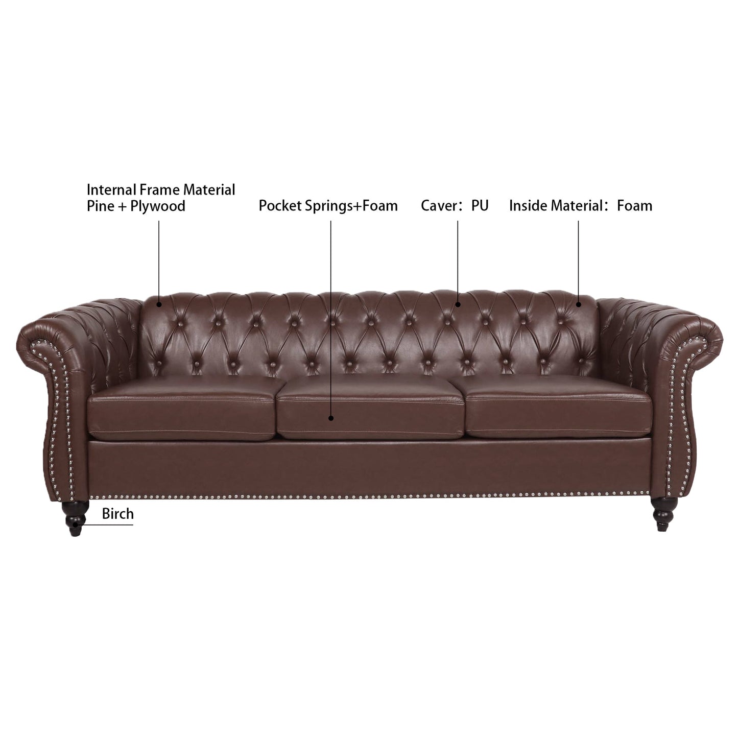 NEW Dark Brown PU Rolled Arm Chesterfield Three Seater Sofa