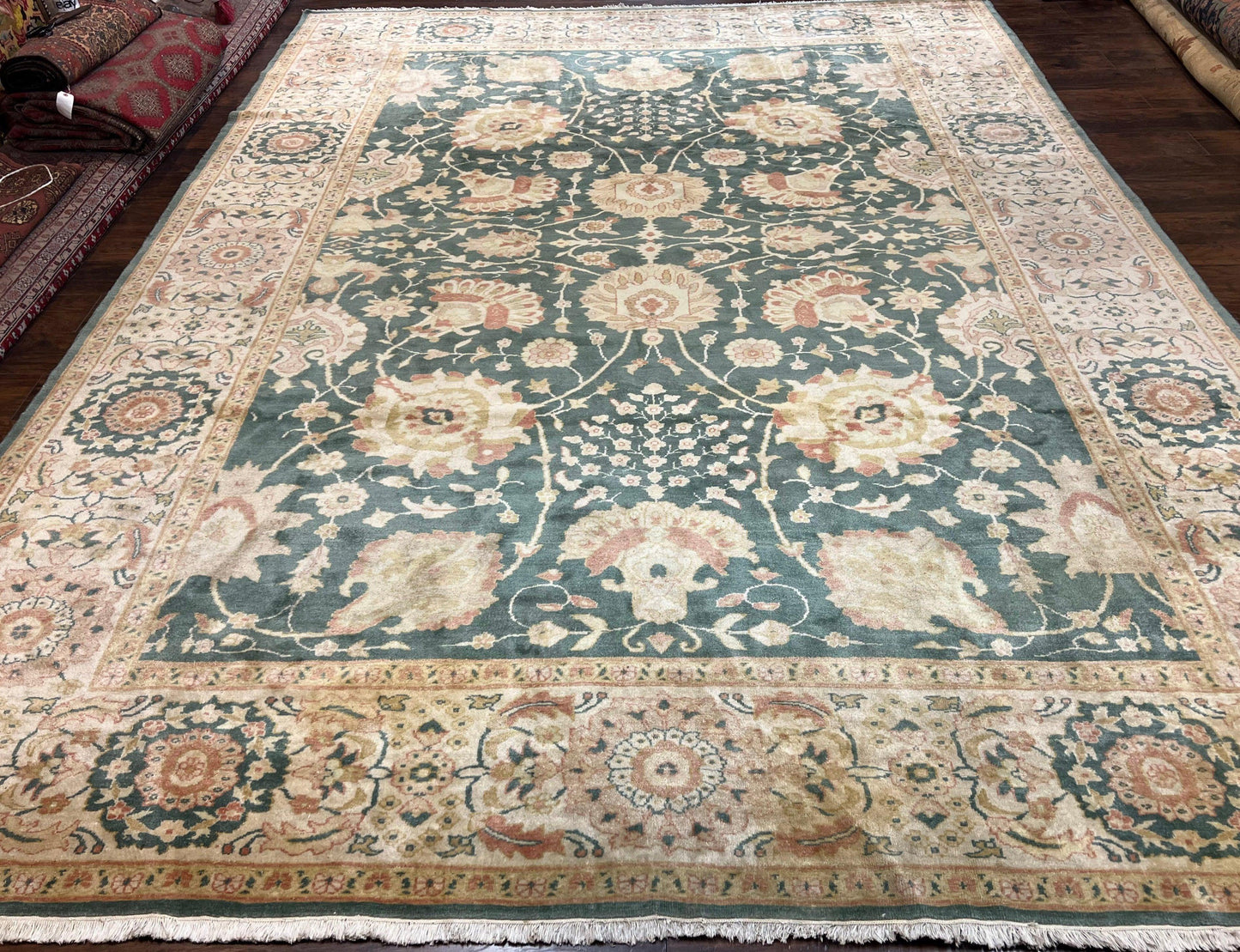 USED Egyptian Mahal Rug 10x14, Large Vintage Floral Hand Knotted Wool Carpet 10 x 14, Dark Green and Beige Traditional Handmade Persian Area Rug